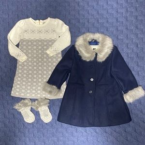 Janie and jack pea coat with matching mittens and dress.